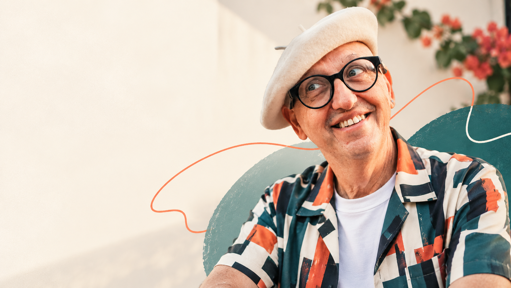 Sandy smiling in a cream beret, with teal and coral accents